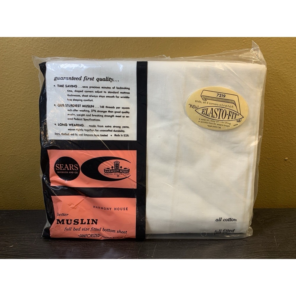 Vintage Sears Harmony House Full Size Fitted Sheet Muslin White